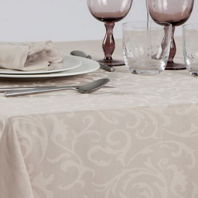 Nappe de restaurant en tissu de coton couleur sable et coton imprimé  majolique sicilienne